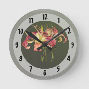 Dark Pink Lilies With Yellow Centres Round Clock