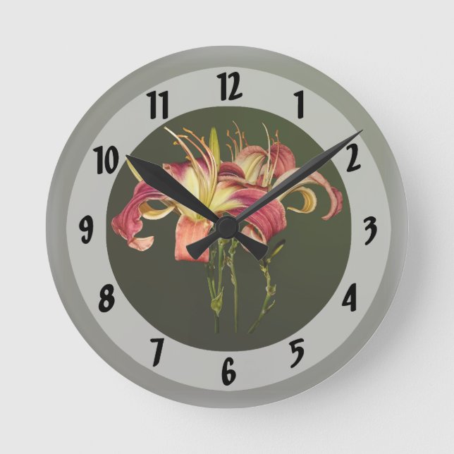 Dark Pink Lilies With Yellow Centres Round Clock (Front)
