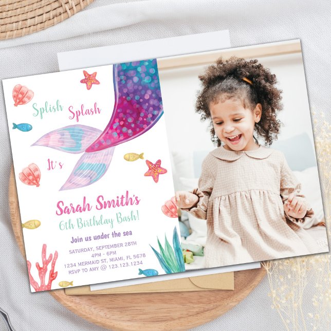Dark Pink Mermaid Tail Birthday Invitation (Dark Pink Mermaid Tail Birthday Invitation w photo)
