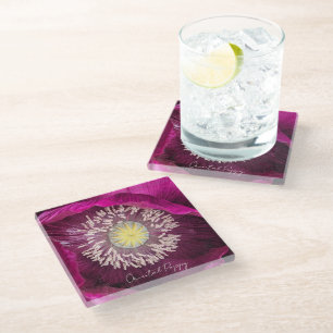 Dark Pink Oriental Poppy Floral Glass Coaster