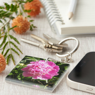 Dark pink peonies key ring