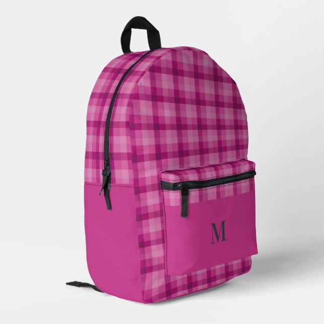 Dark Pink Plaid Checks Personalised Monogram Printed Backpack (Back Corner Left)