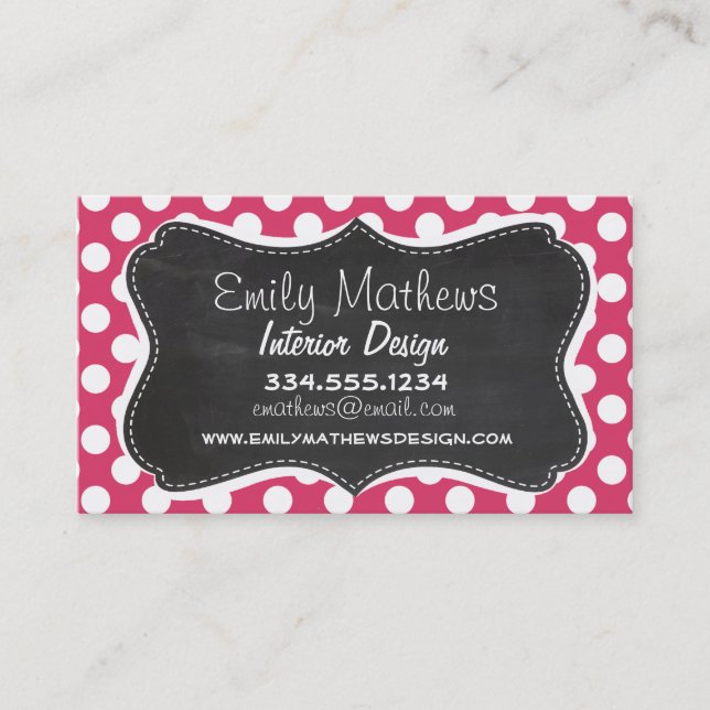 Dark Pink Polka Dots; Retro Chalkboard look Business Card (Front)