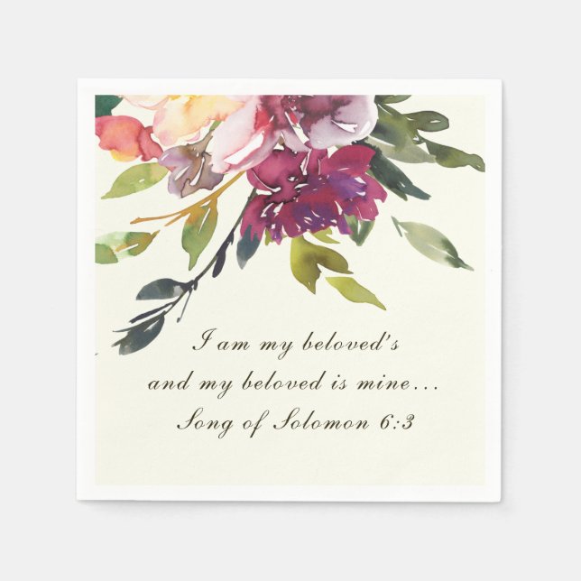 Dark Pink Purple Floral Watercolor Bible Wedding Napkin (Front)