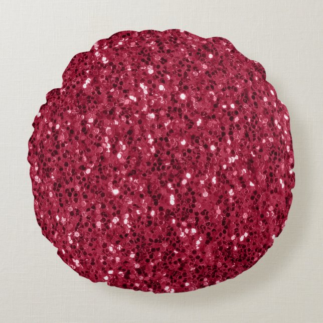 Dark pink red magenta faux sparkles glitters round cushion (Front)