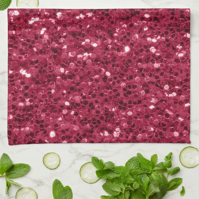 Dark pink red magenta faux sparkles glitters tea towel (Folded)