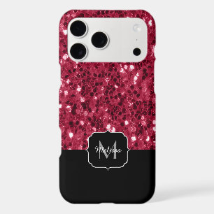 Dark pink red magenta faux sparkles Monogram