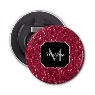 Dark pink red magenta faux sparkles Monogram Bottle Opener