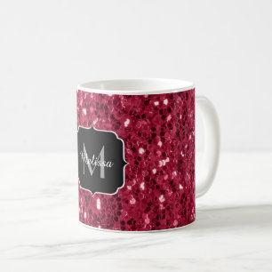Dark pink red magenta faux sparkles Monogram Coffee Mug