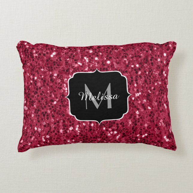 Dark pink red magenta faux sparkles Monogram Decorative Cushion (Front)