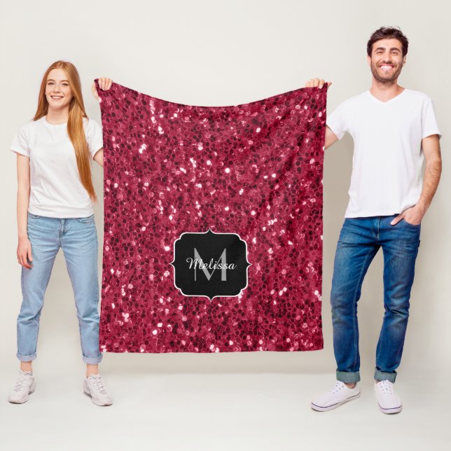 Dark pink red magenta faux sparkles Monogram Fleece Blanket (In Situ)
