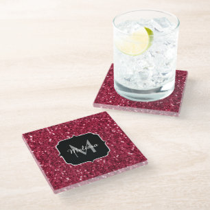 Dark pink red magenta faux sparkles Monogram Glass Coaster