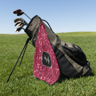 Dark pink red magenta faux sparkles Monogram Golf Towel