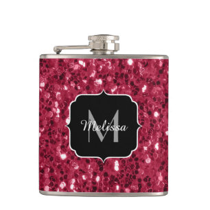 Dark pink red magenta faux sparkles Monogram Hip Flask