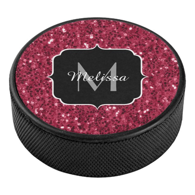 Dark pink red magenta faux sparkles Monogram Hockey Puck (3/4)