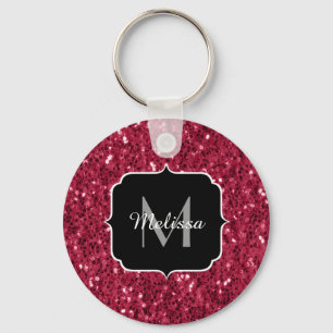 Dark pink red magenta faux sparkles Monogram Key Ring