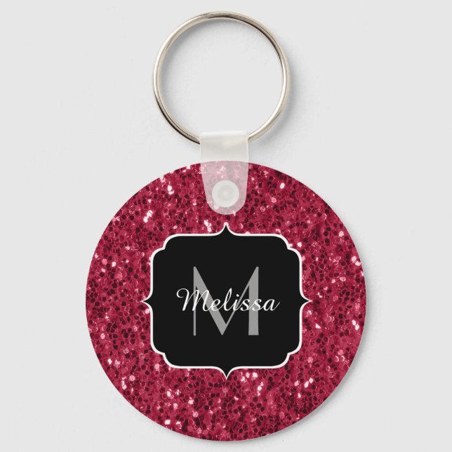 Dark pink red magenta faux sparkles Monogram Key Ring (Front)
