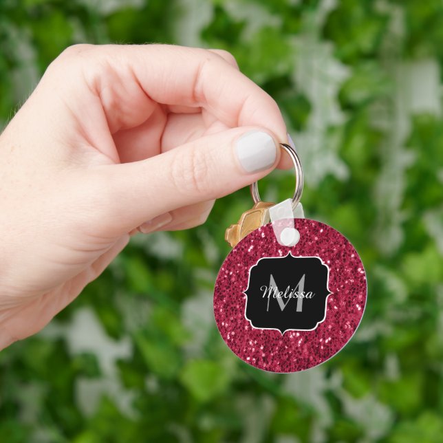 Dark pink red magenta faux sparkles Monogram Key Ring (Hand)