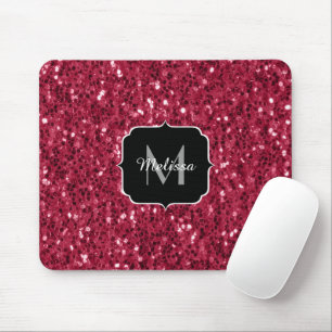 Dark pink red magenta faux sparkles Monogram Mouse Mat