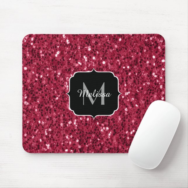 Dark pink red magenta faux sparkles Monogram Mouse Mat (With Mouse)