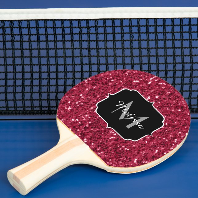 Dark pink red magenta faux sparkles Monogram Ping Pong Paddle (Insitu)