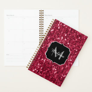 Dark pink red magenta faux sparkles Monogram Planner