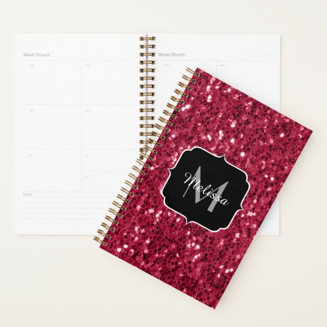 Dark pink red magenta faux sparkles Monogram Planner (Display)
