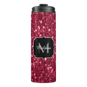 Dark pink red magenta faux sparkles Monogram Thermal Tumbler