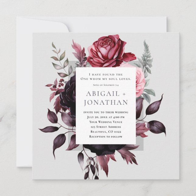 Dark Pink Rose Grey Floral Bible Christian Wedding Invitation (Front)