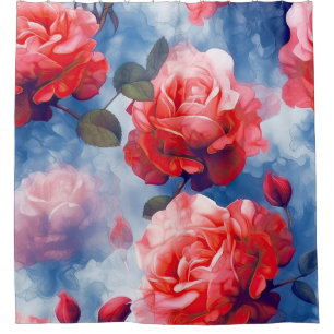 Dark Pink Roses in soft blue tint cloud-art Shower Curtain
