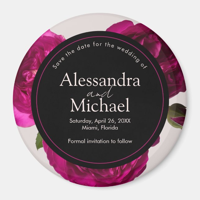Dark Pink Roses Romantic Save The Date Wedding Magnet (Front)