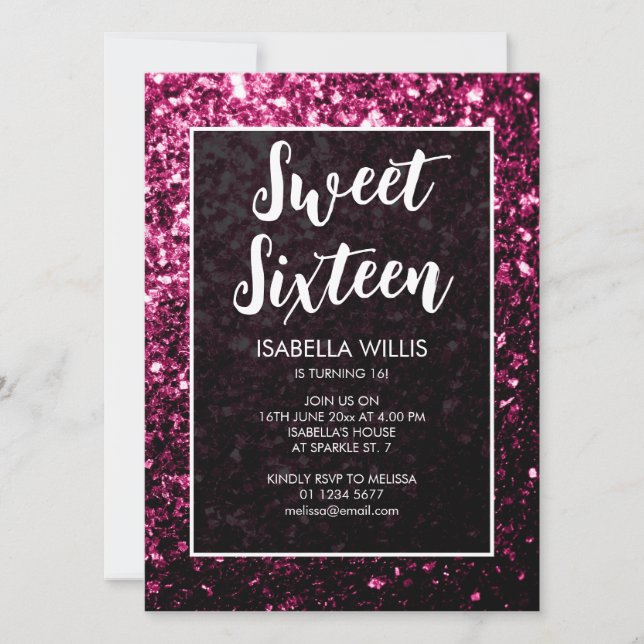 Dark pink sparkles glitter Sweet 16 elegant script Invitation (Front)