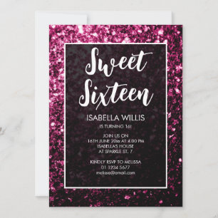 Dark pink sparkles glitter Sweet 16 elegant script Invitation