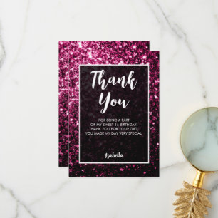Dark pink sparkles Sweet 16 elegant script Thank You Card