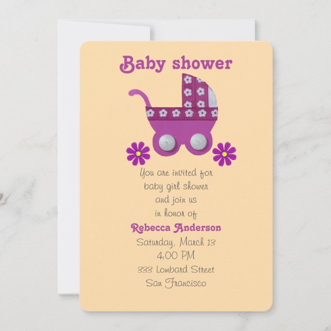 Dark pink stroller, pink flowers baby girl shower invitation (Front)