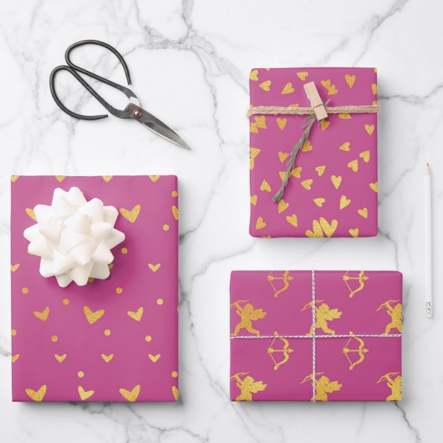 Dark Pink With Gold Colour Patterns Wrapping Paper Sheet (Front)