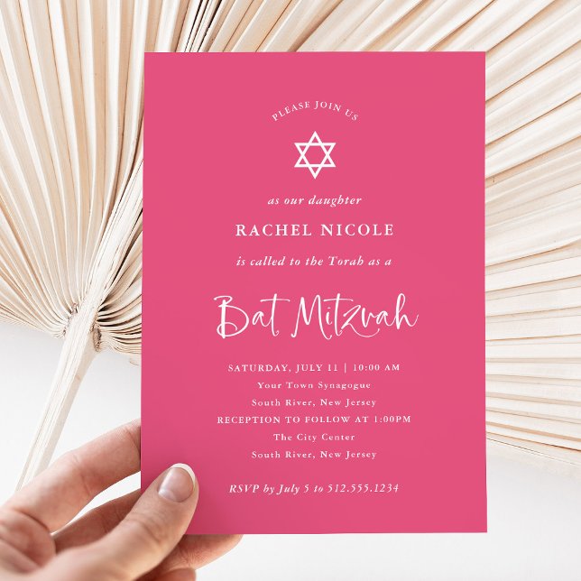 Dark Pink with White Calligraphy | Bat Mitzvah Invitation (A pretty, dark pink Bat Mitzvah invitation with elegant white calligraphy and a Star of David)
