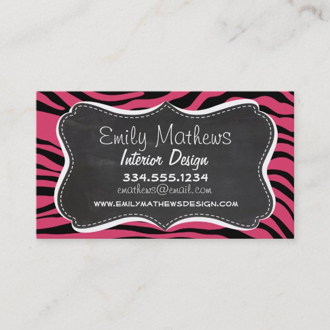 Dark Pink Zebra Stripes; Chalkboard look Business Card (Front)
