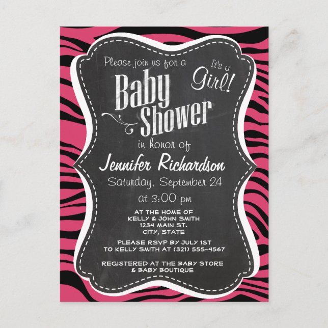 Dark Pink Zebra Stripes; Chalkboard look Invitation Postcard (Front)