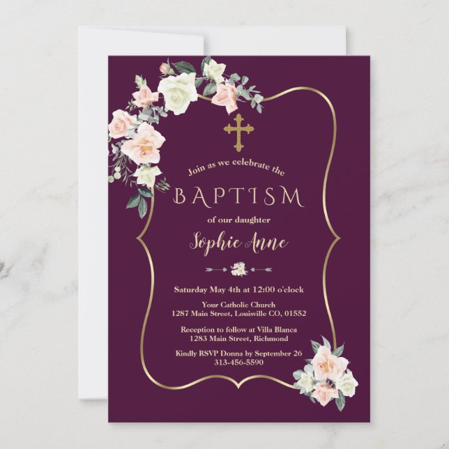Dark Plum Blush White Flowers Gold Girl Baptism Invitation (Front)