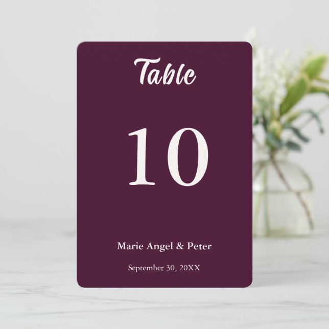 Dark Plum Double Sided Wedding Table Number  (Standing Front)