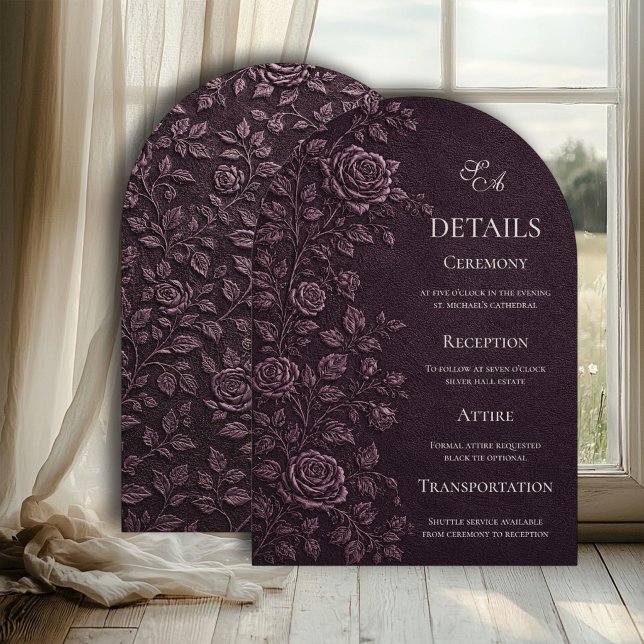 Dark Plum Faux Emboss Rose Wedding Details Invitation (Creator Uploaded)