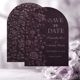 Dark Plum Faux Emboss Rose Wedding Save The Date Invitation
