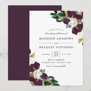 Dark Plum Floral Bouquets   Wedding Invitation