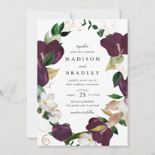 Dark Plum Floral Frame   Wedding Invitation