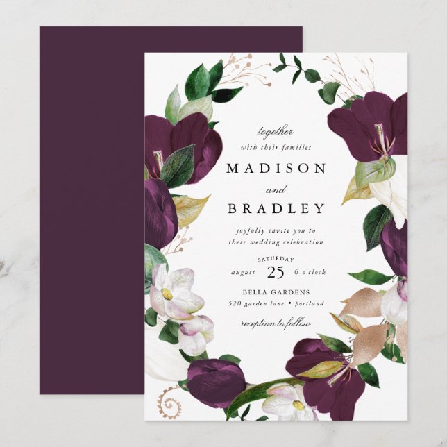 Dark Plum Floral Frame | Wedding Invitation (Front/Back)