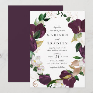 Dark Plum Floral Frame Wedding Invitation