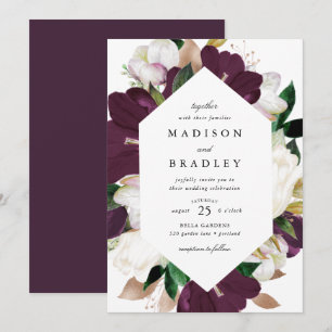 Dark Plum Floral Geometric Frame Wedding Invitation