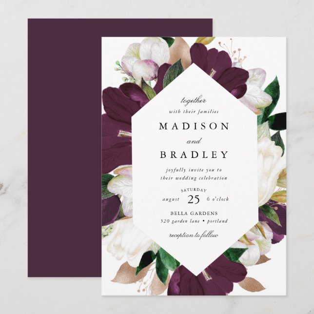 Dark Plum Floral Geometric Frame | Wedding Invitation (Front/Back)