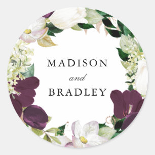 Dark Plum Floral   Personalised Wedding Classic Round Sticker